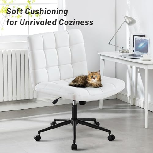 Image of Nutech Decor Armless Office Desk Chair - Linen Fabric Padded Swivel Adjustable Home Office Chair with 360 Wheels, Wide Criss Cross for Desk, Living Room (ND-Pu-ivorywhite-Wheel)