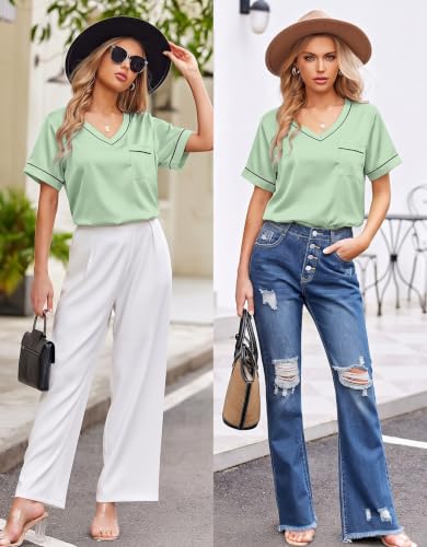 Image of Ekouaer Silk Pajama for Women Short Sleeve Satin Pj Set Two Piece Soft Sleepwear Loungewear S-XXL