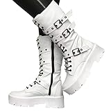 Minetom Damen Winter Gothic Punk Plateau Stiefel Goth Schnalle Zipper Wedges Mid Schuhe Plattform Biker Boots Chunky Motorrad Stiefel B Weiß 42 EU