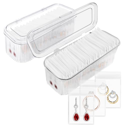Wensdr 2 Packs Acrylic Jewelry Box with 100pcs PVC Portable Anti Oxidizing Zipper Bags Flip Lid Jewelry Organizer for Earrings Rings Necklaces Travel Jewelry Case