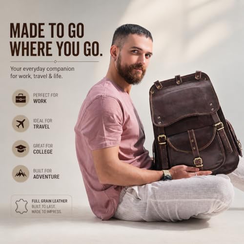 Image of Handmade World Full Grain Leather Backpack for Men - 18 Inch Laptop Bag, Handmade Real Leather, Business Travel Work Backpack