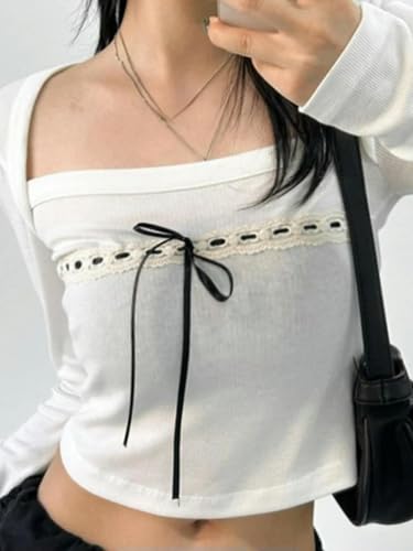 T-shirt patchwork doux style esthétique avec nœud décoratif taille L - 3