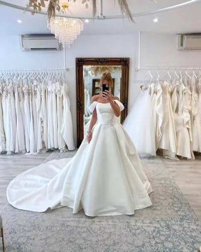 A Line Off Shoulder Satin Wedding Dresses for Bride Long Bridal Gowns for Women with Sweep Train2