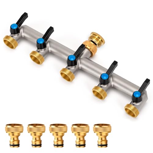 wasserverteiler 5 wege, Messing Wasseranschluss verteiler, Verlängerter Griff 3/4 Zoll Adapter mit 5 Stück 3/4 Zoll auf 1/2 Zoll Hahnanschluss für Haus, Hof/Waschmaschine