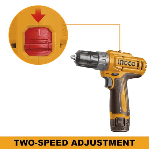 Image of INGCO 12V Cordless Drill Machine, 2 Speed Adjustment 400 /1500RPM, Battery Drill Machine Ideal For DIY with 1Pcs Battery, Type C Charging
