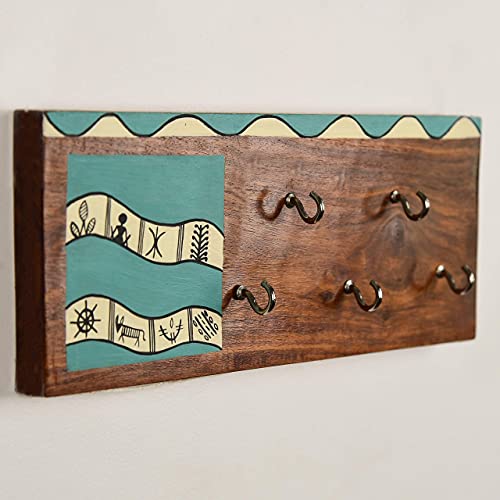 Image of ARTYSTA BEAUTIFYING LIVES 'Warli Motif' Aqua Blue Wooden Key Holder For Wall Stylish Decorative Keychain Holder Key Hanger For Home Decor (5 Hooks)