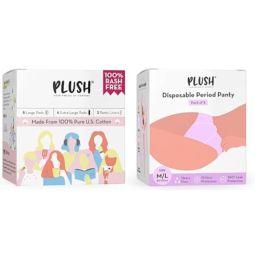 Plush 14 Sanitary Pads+Disposable Period Panties (Pack of 5) Bundle for Women | 100% Pure U.S Cotton Sanitary Napkins & Rash-free Panties for Daily Use
