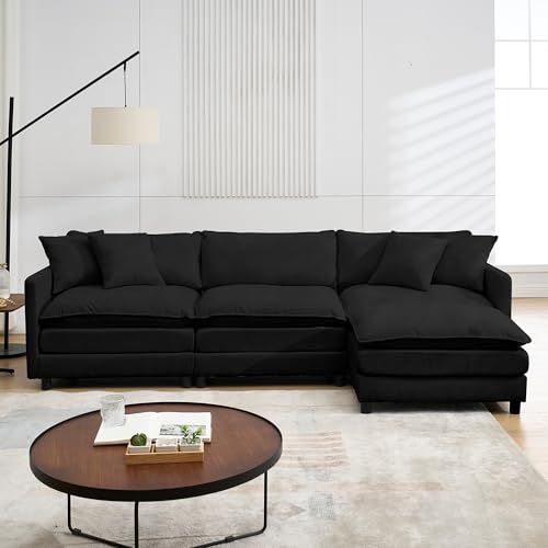 Hdxdkog Sectional Sofa Modular Deep Seat Sofa Couch with Ottoman, 108'' Chenille Sofa Sleeper Comfy Upholstered Furniture for Living Room, Apartment, Studio, Office (Black, 108.27'- L Shape)