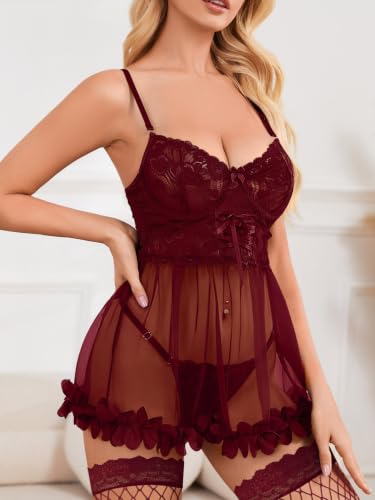 Image of Foxiny Sexy Ruffle Floral Skirt Underwire Mesh Sheer Lace Babydoll Lingerie Dress with Thong 2 Piece