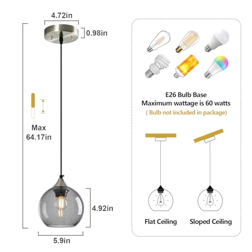 Image of Light Grey Glass Pendant Lights Kitchen Island Globe Pendant Light Fixtures Modern Pendant Lighting for Bedroom Living Dining Room Light Fixture (5.9 in, 1 Pack)