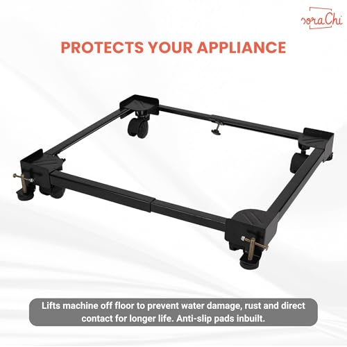 Image of SoraChi Adjustable Iron Washing Machine Stand with Wheels | Elevates Appliances to Prevent Water Damage & Reduce Vibrations | Universal Fit for Washers & Refrigerators (All Black)