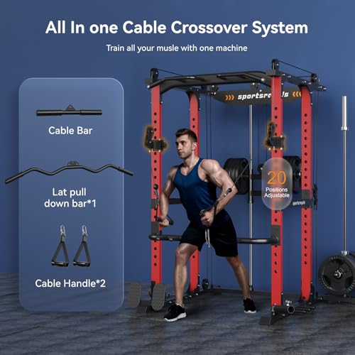 Image of SPORTSROYALS Power Rack, Multi-Functional Power Cage, Squat Rack with Pulley System & LAT Pull Down, Workout Cage with J Hooks for Home Gym