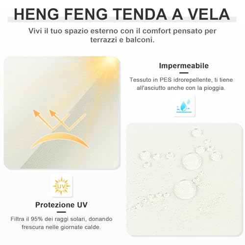 Heng Feng Tenda A Vela Impermeabile Rettangolare 4X6M Vela Ombreggiante Parasole Protezione Raggi Uv Per Esterno Giardino Terrazza Colore Beige - 3