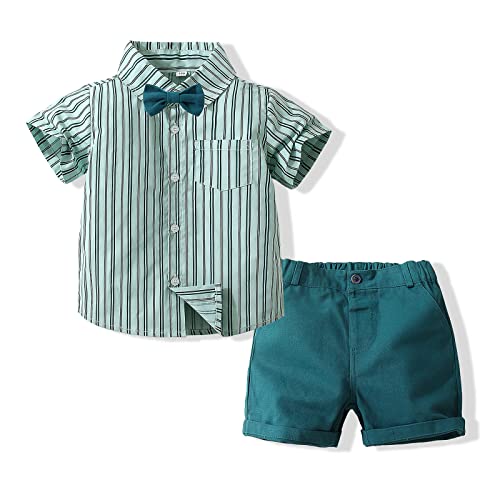 Kimocat Summer Boy Casual Clothing Set Hawaiian Outfit Gentleman Short Sleeve Shirt Top+Shorts Suits (Green stripes, 1-2T)