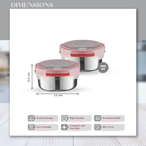 Image of Trueware Clip N Close Smart Lock Stainless Steel Lunch Box | Durable, Airtight, BPA Free, 100% Food Grade | Versatile | for Office, for Men and Wowmn | 350 ml Each | Set of 2