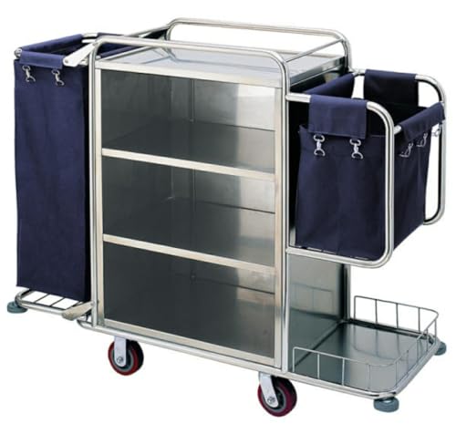 Image of Shoppers Hub PNQ SS Housekeeping Trolley with Double Sided Removable 1 Half + 1 Full Washable Bags with Clips & 3 Compartments for Heavy Duty Use in Hotels & Resorts.(Size:140cmL*45cmB*120cmH)
