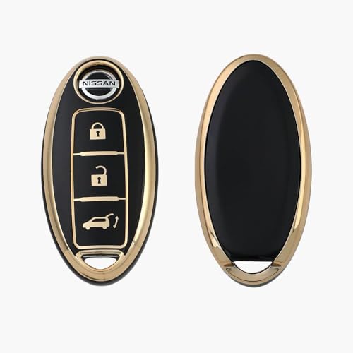 Image of TPU Car Key Cover Black & Golden Compatible for Nissan Micra, Magnite, Sunny, Teana Renault Pulse, Scala (Renault & Nissan, 2 /3 Button Push Smart Key)