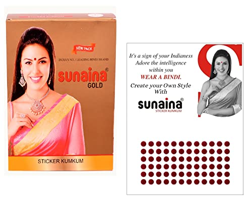 Image of Sunaina New Gold Sticker Kumkum Forehead Dark Red Round Pottu Bindis Velvet Bindi Box With 15 Cards /Flaps For Women & Girls (GDR-7 (4MM))