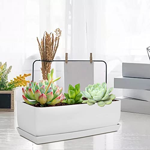 Vencer 14 Inch Rectangular Modern Minimalist Ceramic Succulent Planter Pot - Window Box with Saucer,Office Desktop Potted Stand,White,VF-0173W - Thumbnail 6