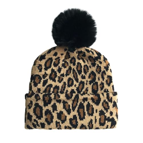 KRUIHAN Bommelmütze Damen Doppellagige Warme Mütze Winter Leopardenmuster Strickmütze Beanie, Khaki