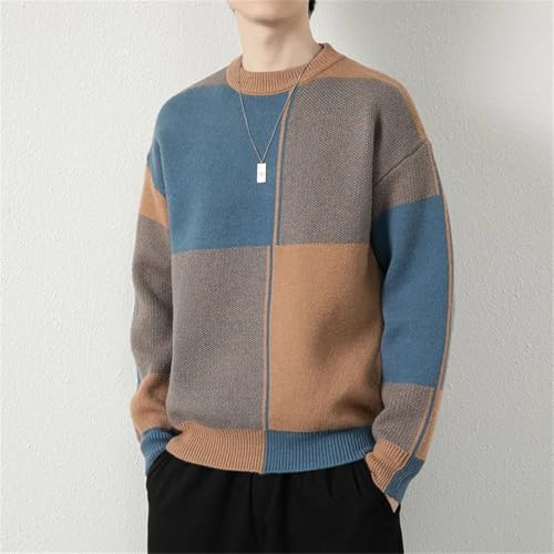 Men's Plaid Knitted Sweaters Long Sleeve Pullover Harajuku Style Slim Fit Round Neck Sweater3