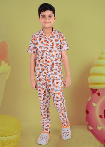Image of 3BROS Unisex Pure Cotton Short Sleeve Kids Night Dress for Boys & Girls Nightwear /Sleepsuit /Sleepwear /Loungewear Night Suit for Boys and Girls Top and Pyjama Combo Set | JB20HS6031-Parent