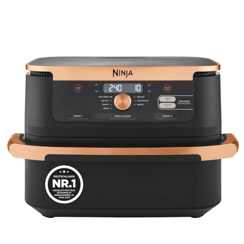 Ninja Foodi FlexDrawer Dual Zone Heißluftfritteuse, Airfryer mit 10,4-Fach und herausnehmbarem Trenner, Antihaftbeschichtung, spülmaschinenfester Korb, 7-in-1, Schwarz & Kupfer, AF500EUCP