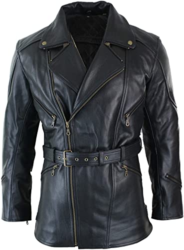 Mens 3/4 Quarter Length Motorcycle Black Biker Long Jacket - Genuine Leather Coat Winter Outerwear2