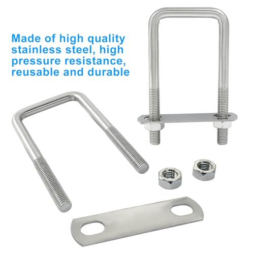 Image of 2 Stainless Steel Square U-Bolts, 2.0 inch x 4.7 inch, M10 304 | With Frame Plates and Nuts, Light Industry, Metallurgy, Construction, Shipping