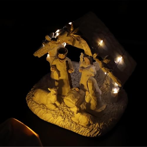 Belén para interiores con figuras sagradas e iluminación cálida navideña 3