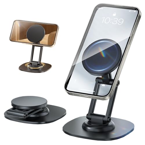 KOBBRAN Magnetic Phone Stand for Desk 360 Rotating Adjustable Foldable Aluminum for MagSafe Cell Phone Stand Holder with Non-Slip Base Desk Stand for iPhone 17 16 Pro Max/15/14/13/12 Plus Air (Black)