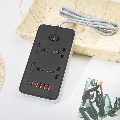 Image of Extension Board, Power Strip with 4 USB Ports and 4 Universal Socket, 2500W 10A Extension Cord, 3-Pin Surge Protector Power Strip for Home, Office, Computer, Mobile Charging (Z66-Black)