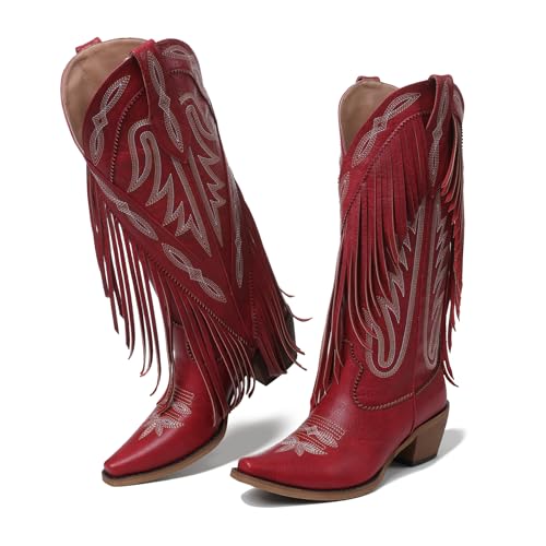 Image of Cowgirl Boots for Women Retro Pointed Toe Pull On Block Chunky Heel Embroide Tassel Country Concert Outfits Mid Calf Western Fringe Cowboy Boots