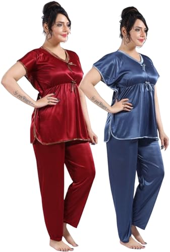 Image of Fabme Women's Satin Plain Kaftan Top & Pyjama Set