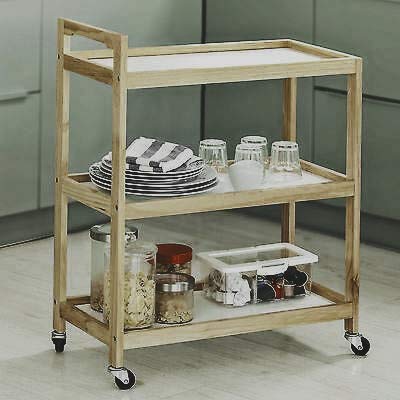 Image of 3-Tier Solid Wood Rolling Bar Cart - Wine Serving Trolley with Wheels, Kitchen Storage, Seasoning Rack - Dining Room (Brown Polish, Style 5)