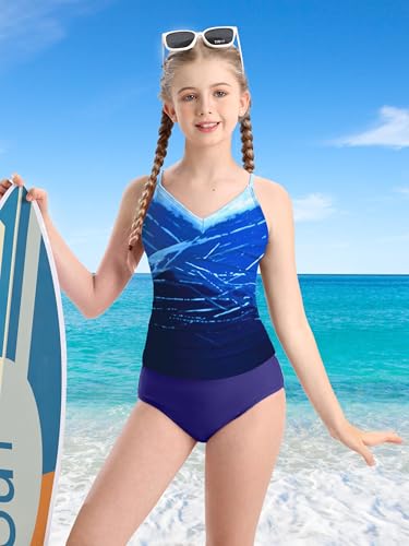 Image of Girls Swimsuit Tankini Criss Cross Ruched 2 Piece Bathing Suit Printed Girl Swimwear for Teens 9-16Y