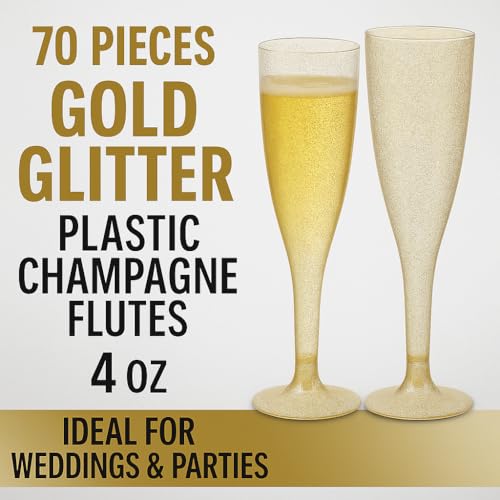 Oojami 70 pc Gold Glitter Plastic Classicware Glass Like Champagne Wedding Parties Toasting Flutes Party Cocktail Cups - Thumbnail 3