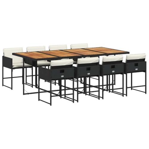 QJBSAVVA Salon de jardin 9 pièces avec coussins en rotin synthétique – Grande table de jardin en bois d'acacia et 8 chaises de jardin peu encombrantes,...