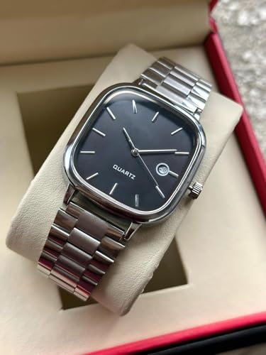 Image of Minimalist Men's Square Dial Watch with Date | Comfortable Stainless Steel Quartz Analog Wristwatch | Casual & Formal Timepiece