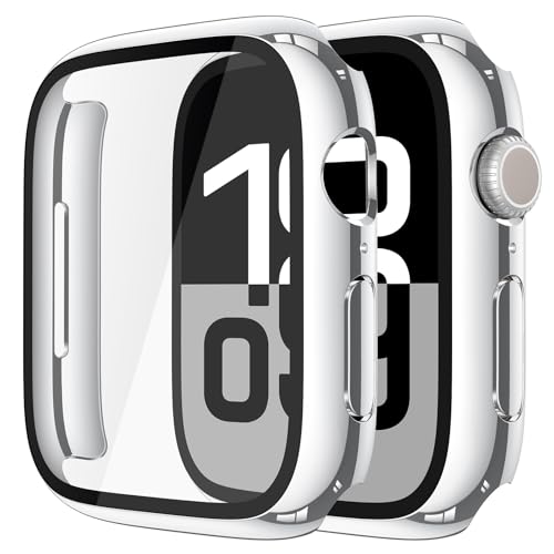 Misxi 2 Pack Tempered Glass Case Compatible for Apple Watch Series 11 (2025) Series 10 46mm, Hard PC Screen Protector Overall Protection Scratch-Resistant Cover for iWatch, 1 Silver + 1 Transparent