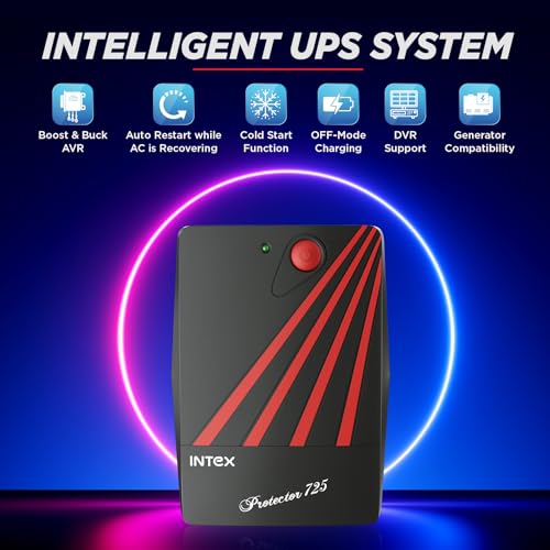 Image of Intex 725 UPS Protector 230V & 360W Output Power | Connect Upto 3 Devices | Power Backup UPS System & Auto Restart | Ideal for Home, Office, Desktop PC & Home-Electronics (Black)