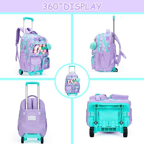 Girls 3 in 1 Rolling Backpack for School Girls Backpack with Wheels Girls Backpack with Lunch Box Set Kids Suitcase for Girls Elementary School Roller Bookbag Kids Travel bag with Wheels3