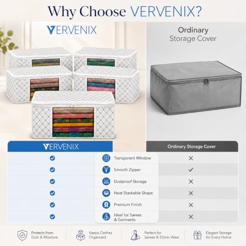 Image of VERVENIX Saree Cover Pack of 12, White Triangle Pattern Clothes Storage Bags with Zipper & Clear Window, Dustproof Wardrobe Organizer for Suits, Sarees, Dresses & Shirts