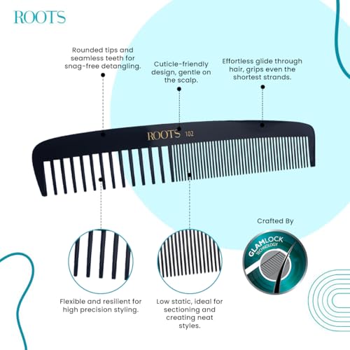 ROOTS - Professional Hair Cutting Comb | Dual Teeth For Styling/Detangling | Salon Grade For Men & Women | For Sectioning & Hair Partition | Prevent Hair Damage | Length - 8.11 Inch | Model No. 102