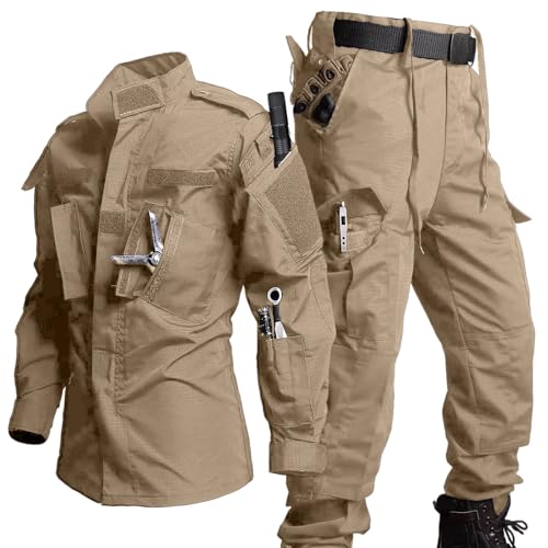WAHYI Mens Tactical Suit, Ripstop Military Jacket and Pant ACU Combat Uniform Set Hunting Paintball Training Apparel Khaki XL