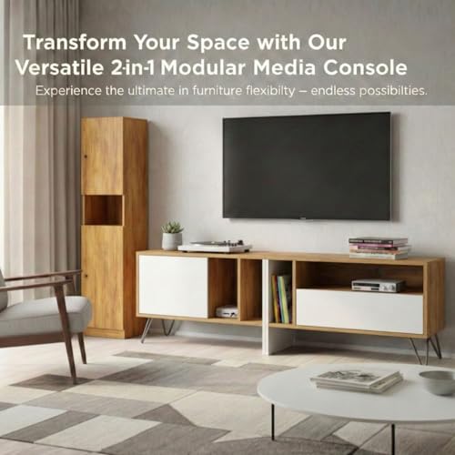 Image of FFO TV Unit 180 cm 6ft | TV Unit 75 Inch+ for Living Room | TV Cabinet with Storage | TV Console Unit for 43, 55, 65, 75 Inch TVs | (DIY) Coach Wood & White.