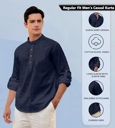 Image of Zombom Men's Solid Cotton Polyester Blend Straight Kurta Shirt, Regular Fit Full Sleeve Short Kurta Shirt