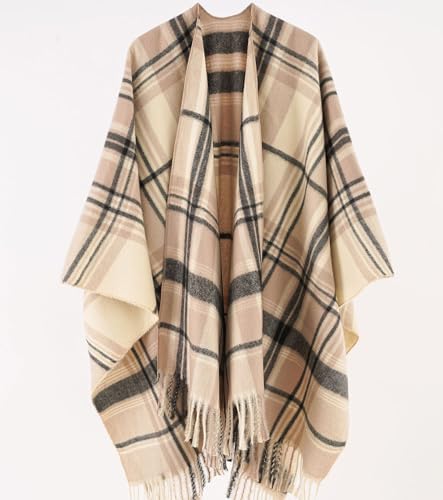 Women's Oversized Warm Shawls Classic Plaid Patterns Wrap Cape with Tassel Shawl for Fall and Winter4