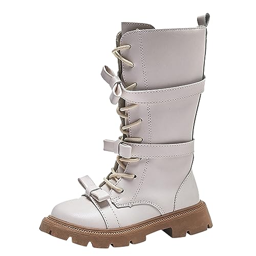 Girls Combat Boots Fashion Lace up Mid Calf Boots Round Toe Side Zipper Lug Sole Punk Goth Boot for Toddler/Kids