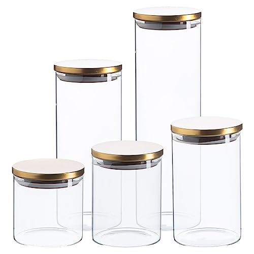 Image of Argon Tableware Scandi Storage Jars Set with Metallic Gold Lids - 5pc - Modern Round Organisation Container Glass Jar for Kitchens, Pantry, Bathrooms, Utility Rooms